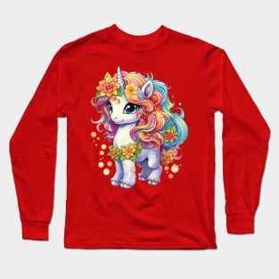 Majestic Harmony: Beautiful Unicorn with Colorful Flowing Mane and Flowers Design Long Sleeve T-Shirt